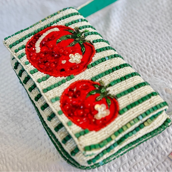 Beaded Red Tomato Green Stripes Shoulder Bag | Cottagecore Summer Vacation | NWT - Picture 2 of 8
